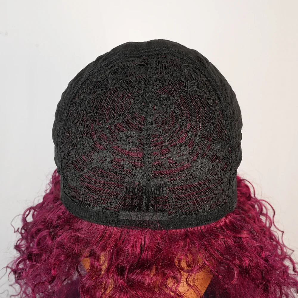 Kinky Curly Human Hair Wig with Bangs for Women Black 99J Burgundy Glueless Short Water Wave Curly Bob Wigs Human Hair with Bang