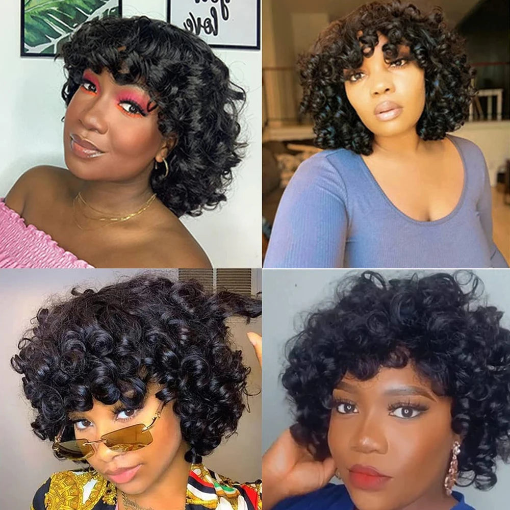 Short Loose Curly Human Hair With Bangs For Women Natural Black Bouncy Rose Curl Wig With Bangs Short Big Curly Glueless Wigs