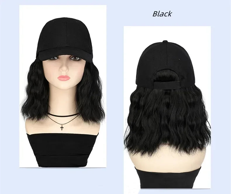 New Fashion Hat Hair Extensions Medium Long Ladies Curly Wigs Hats Connected Head Cover Synthetic Peaked Cap Wig For Women