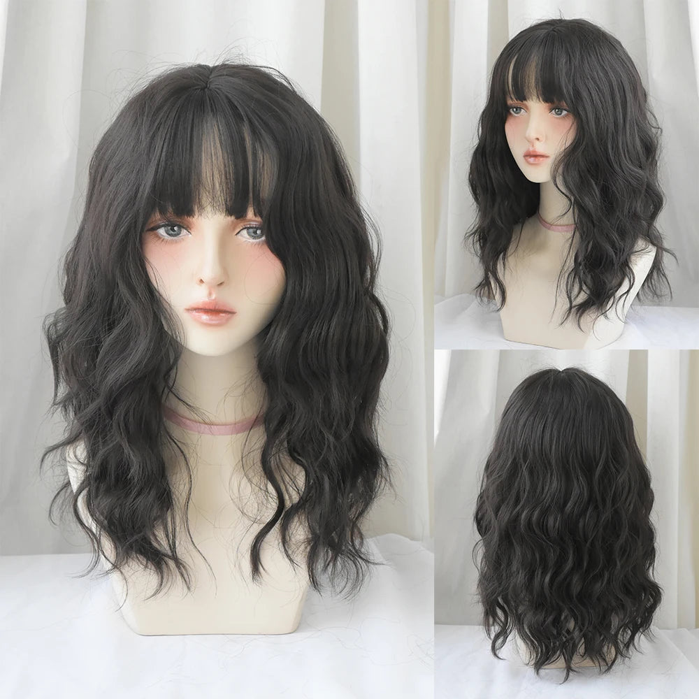 Long Curly Hair Women Wig with Bangs Daily Brown Black Pink Lolita Cosplay Braided Wigs Heat Resistant Fiber Party Fake Hair