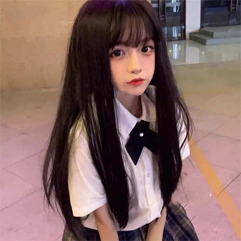 28inches Long Black Straight Wig with Bangs for Women Heat Resistant Fashionable Elegant Synthetic Wig for Cosplay and Party