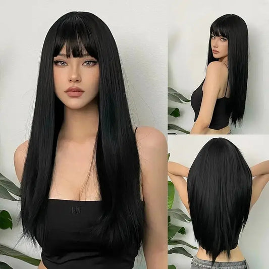 Long Synthetic Wig With Black, Smooth and Natural Bangs, Long Straight Hair. Women's Daily Cosplay With Full Headgear