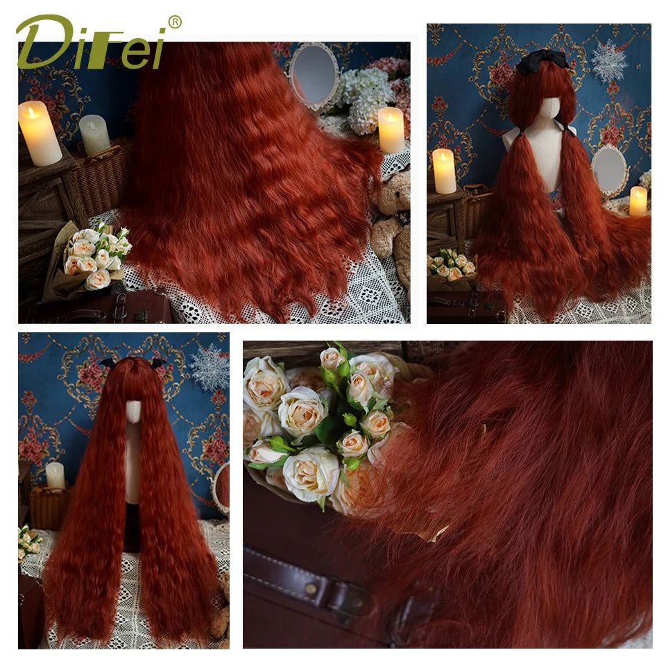 120cm Long Wavy Hair Synthetic Wigs Female Red Brown Coaplay Lolita Wig With Bangs Natural Hair Wigs Women Heat Fesistant  Fiber