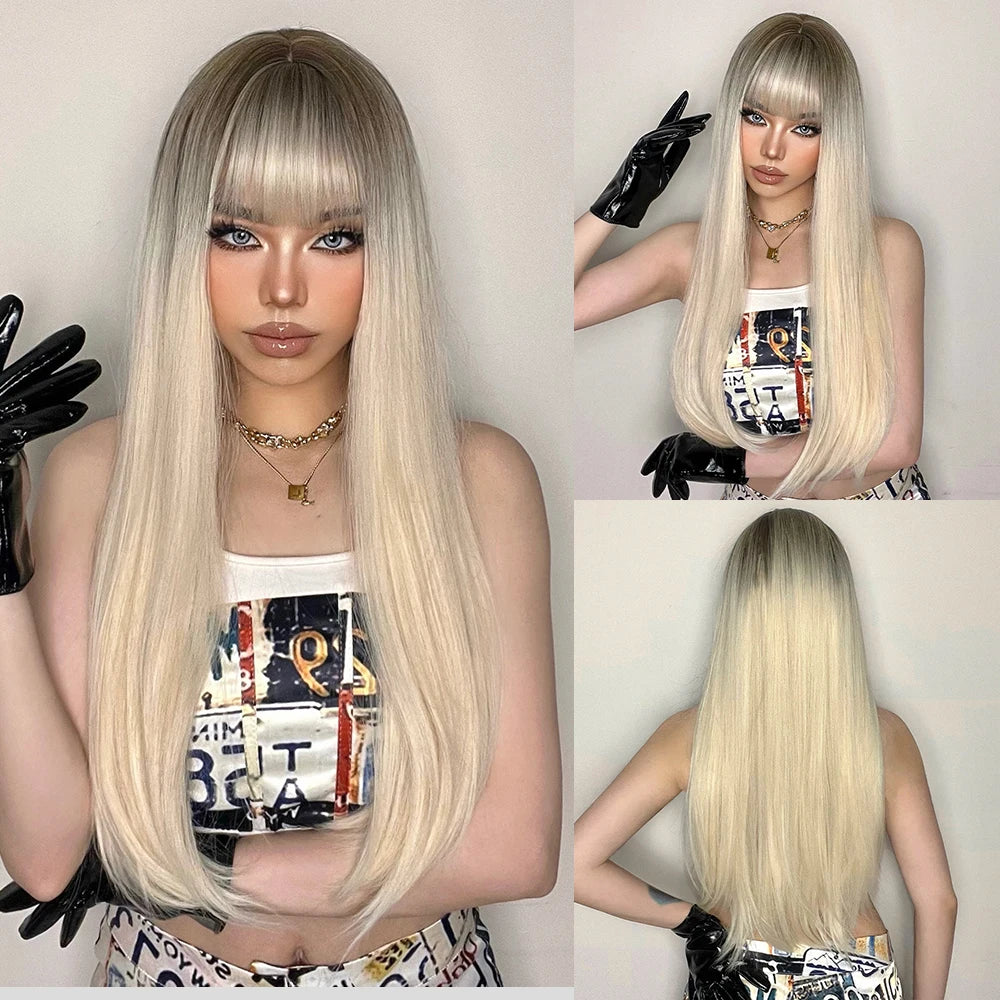 Light Wine Red Synthetic Wigs With Bangs for Women Long Straight Hair Wig Natural Cosplay Party Heat Resistant