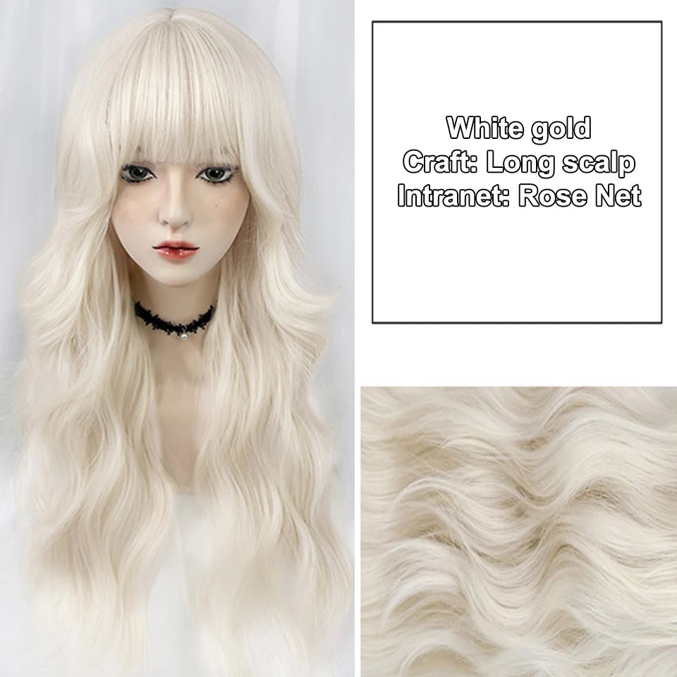 BEAUTYENTER Long Wavy Blonde Synthetic Wigs with Bangs for Women Natural Wave Cosplay Party Daily Use Hair Wigs Heat Resistant