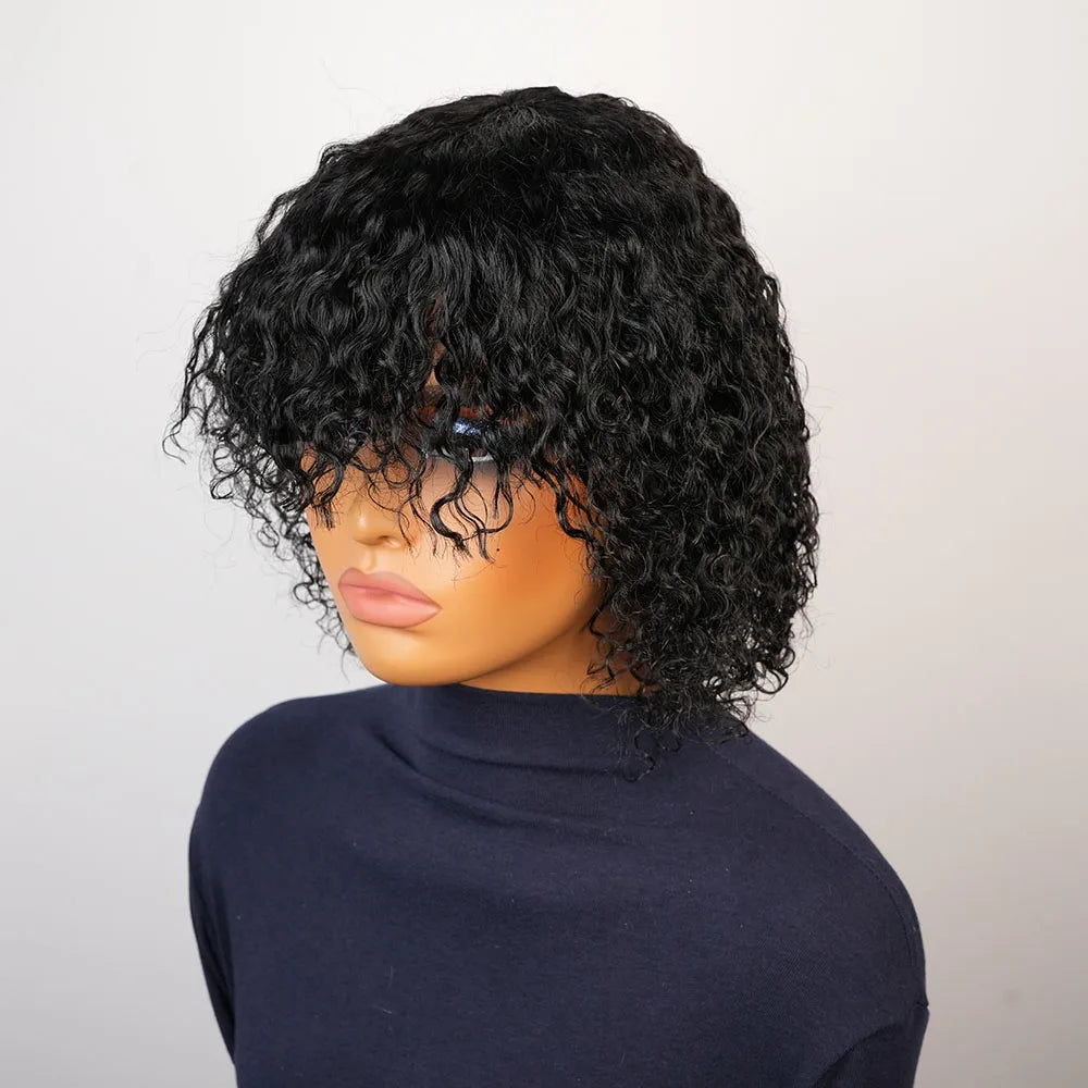 Kinky Curly Human Hair Wig with Bangs for Women Black 99J Burgundy Glueless Short Water Wave Curly Bob Wigs Human Hair with Bang
