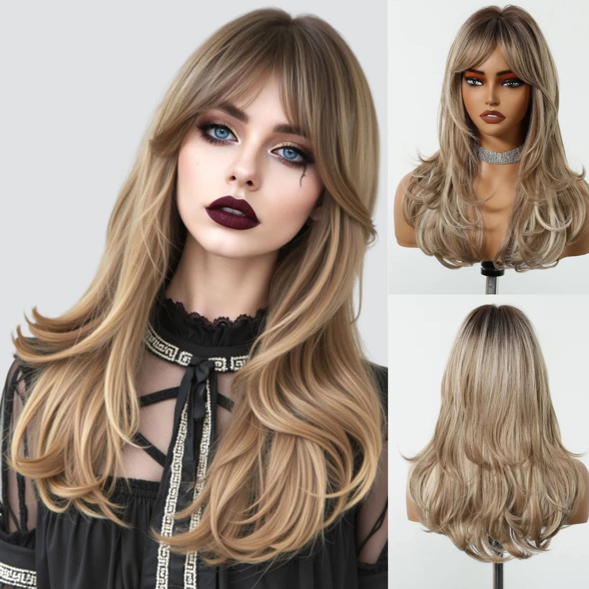 Long Curly Wavy Brown Wigs Highlights Brown Hair Synthetic Wigs For Women Daily Middle Part Natural Looking Wig High Temperature