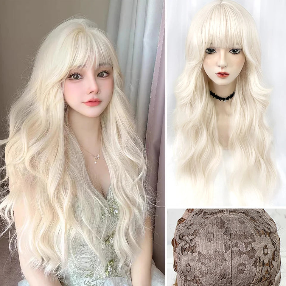 BEAUTYENTER Long Wavy Blonde Synthetic Wigs with Bangs for Women Natural Wave Cosplay Party Daily Use Hair Wigs Heat Resistant