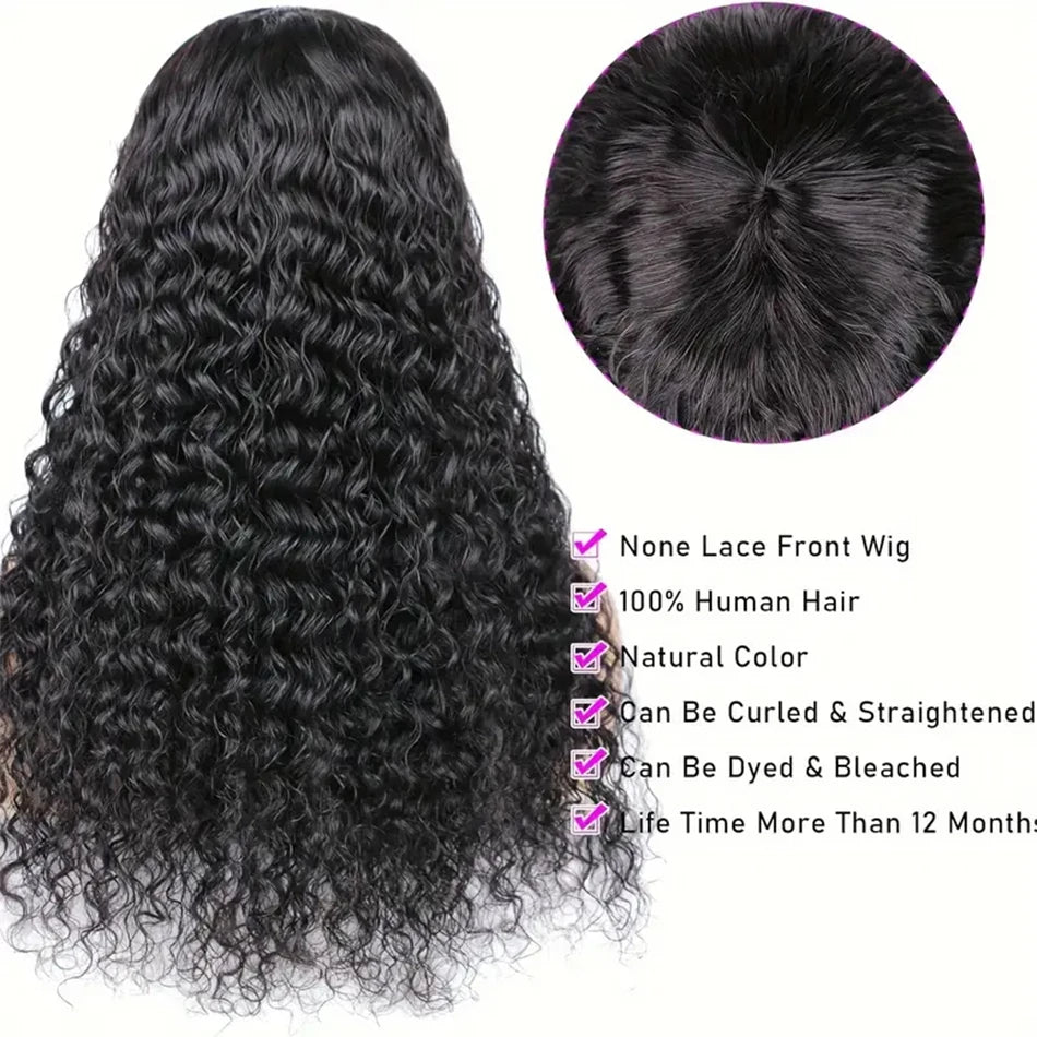 Long Water Wave Wigs For Black Women Malaysian Curly Human Hair Wigs With Bangs Full Machine Made Wigs Cheap Remy Human Hair Wig